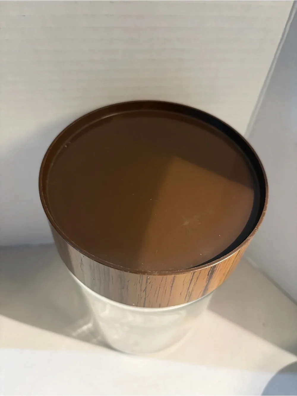 Vintage 1970s Pyrex canister with wood grain lid 7”